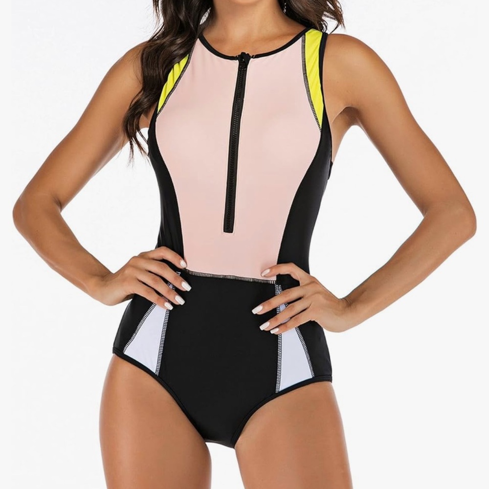 rash guard style one piece swimsuit half zipper closure color block